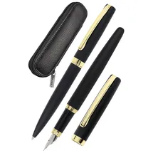 ONLINE USV-Systeme ONLINE Schreib-Set Schwarz & Gold enthält Kugelschreiber, Füllhalter, Echt-Lederetui, 3-teilig, in hochwertiger Geschenkbox, Füller für Standardpatronen, Kulli mit Großraummine G2