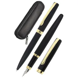 ONLINE USV-Systeme ONLINE Schreib-Set Schwarz & Gold enthält Kugelschreiber, Füllhalter, Echt-Lederetui, 3-teilig, in hochwertiger Geschenkbox, Füller für Standardpatronen, Kulli mit Großraummine G2