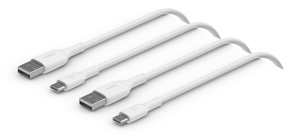 Belkin BoostCharge USB-C-Ladekabel, USB-C-/USB-A-Kabel, USB-Typ-C-Kabel für Geräte wie iPhone 15, Samsung Galaxy S24, S24+, S24 Ultra, Pixel, iPad und Nintendo Switch, 1 m, 2er-Pack, Weiß
