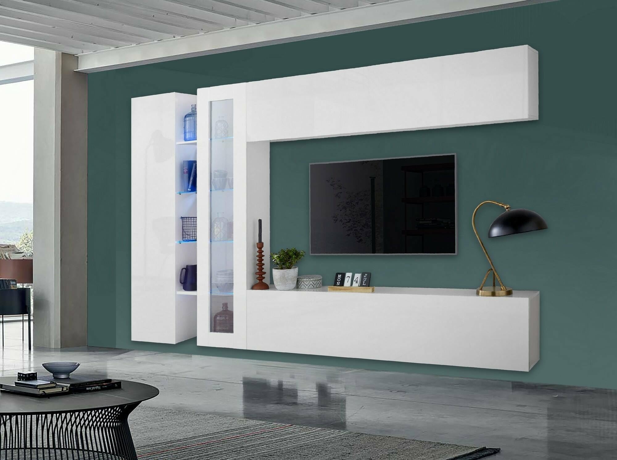 Dmora Konstante Wohnwand mit 4 Türen, Wohnzimmermöbel, Mehrzweck, 100% Made in Italy, 280 x 30 x 180 cm, weiß glänzend