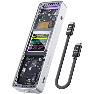 DOCKCASE Explorer Edition Smart M2 SSD Gehäuse - 10s Stromausfallschutz, NVMe Gehäuse, SSD-Gesundheitserkennung, Zwei Type-C-Anschlüsse USB-C 3.2 Gen 2 (10Gbps) für NVMe SSDs bis zu 4TB Silber