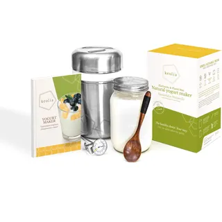 Keolia Joghurtbereiter ohne Strom, Joghurt Starter-Set aus Edelstahlbehälter, Einmachglas, Thermometer, Bambuslöffel + Book Rezeptbuch