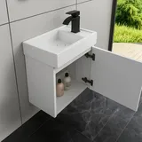 Faizee Home | Badmöbel Set Weiß – Waschtisch mit Unterschrank & Keramik-Waschbecken | Inkl. Wasserfall-Armatur in Matt-Schwarz | Modernes Badezimmermöbel in Hochglanz Weiß für stilvolle Räume