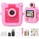 zueokai Sofortbild 2,4" Silikonhülle, Geschenke Kinderkamera (mit 180°-Drehobjektiv & 3 Druckpapieren & 32GB Karte für Mädchen) rosa