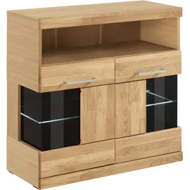 OTTO home Kommode OTTO HOME "Ribe 85cm breit,35 cm tief, Fronten Massivholz,2 Türen mit Glaseinsatz", braun (eiche teilmassiv), B:85cm H:80cm T:35cm, Holz teilmassiv, Sideboards, Kommode, Holz massiv, Holzwerkstoff,3 breite Fächer