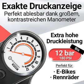 HEIMwert Premium Fahrrad Luftpumpe für alle Ventile, hochpräzises Manometer, komfortable 12 bar Universal Standpumpe Fahrrad – Luftpumpe Fahrra...