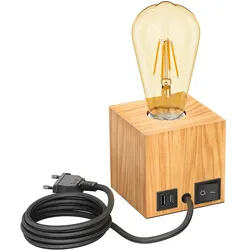 ledscom.de Tischlampe HITO, Holz massiv, eckig, USB, inkl. E27 Lampe Retro, gold, 489lm, extra-warmweiß
