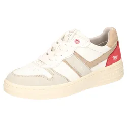 Sneaker MUSTANG SHOES, Damen, Gr. 37, sanftes weiß, taupe, rot, Lederimitat, kontrastfarbene Details, casual, Schuhe, Retro Sneaker, Schnürschuh in schöner Farbkombination
