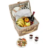 Tectake tectake® Picknickkorb für 2 Personen, geflochtene Weide, mit Drehverschluss und Tragegriff, inkl. 10-teiliges Geschirrset, Kellnermesser und Gewürzstreuer