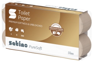 Satino PureSoft Toilettenpapier, soft beige, 3-lagig, MT1, Softes Premium Klopapier in 100% Recycling-Qualität aus Wellpappe und Kartonagen, 1 Karton = 9 Packungen à 8 Rollen à 250 Blatt