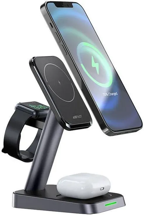 Acefast Qi-Drahtloser Ladegerät 15W für iPhone (mit MagSafe), Apple Watch und Apple AirPods Magnetischer Standhalter Schwarz (E3 Schwarz)