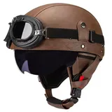 Vintage Deutsch Leder Motorrad Halbhelm, ECE-geprüft Männer Frauen Halbschalenhelme mit Schutzbrille und Visier, Retro Offener Schutzhelm für Fahrrad Cruiser Scooter Chopper