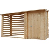 TIMBELA Geräteschuppen Holz M205 - Gartenhaus Holz mit Brennholzregal - Gartenhütte Holz B344xL146xH199 cm/ 3.64 m2 - Schuppen Garten mit Wasserfestes Dach - Gerätehaus Holz