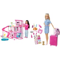 BARBIE - Traumvilla, Poolparty Puppenhaus mit mehr als 75 Teilen und Rutsche über 3 Etagen & Puppe Barbie Dream House Adventures, Reise-Barbie mit blonden Haaren