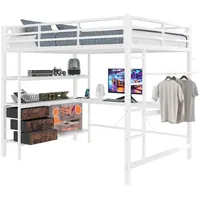 HAUSS SPOLE Hochbett 140x200cm mit Ambientelicht, Schreibtisch, Steckdose+USB, Weiß (Hochbett 140x200 cm mit Ambientelicht, Schreibtisch, USB-Steckdose, 3 Schubladen & Regale, Geländer und Treppe, ideal für Jugendzimmer und kleine Apartments – Ohne Matratze) ohne Matratze