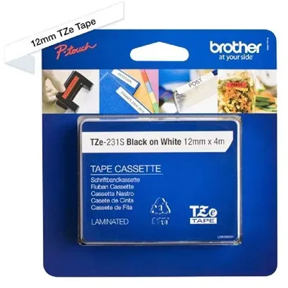 TZe-231S 12mm Black on White Tape 4m