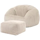 I.C.O.N. Icon Sitzsack mit Hocker Cord, Beige, Sitzsack Erwachsene mit Füllung, Bean Bag, Cord Sessel, Lounge Sessel, Lounge Stuhl, Schlafzimmer, Wohnzimmer, Wohnzimmer Möbel