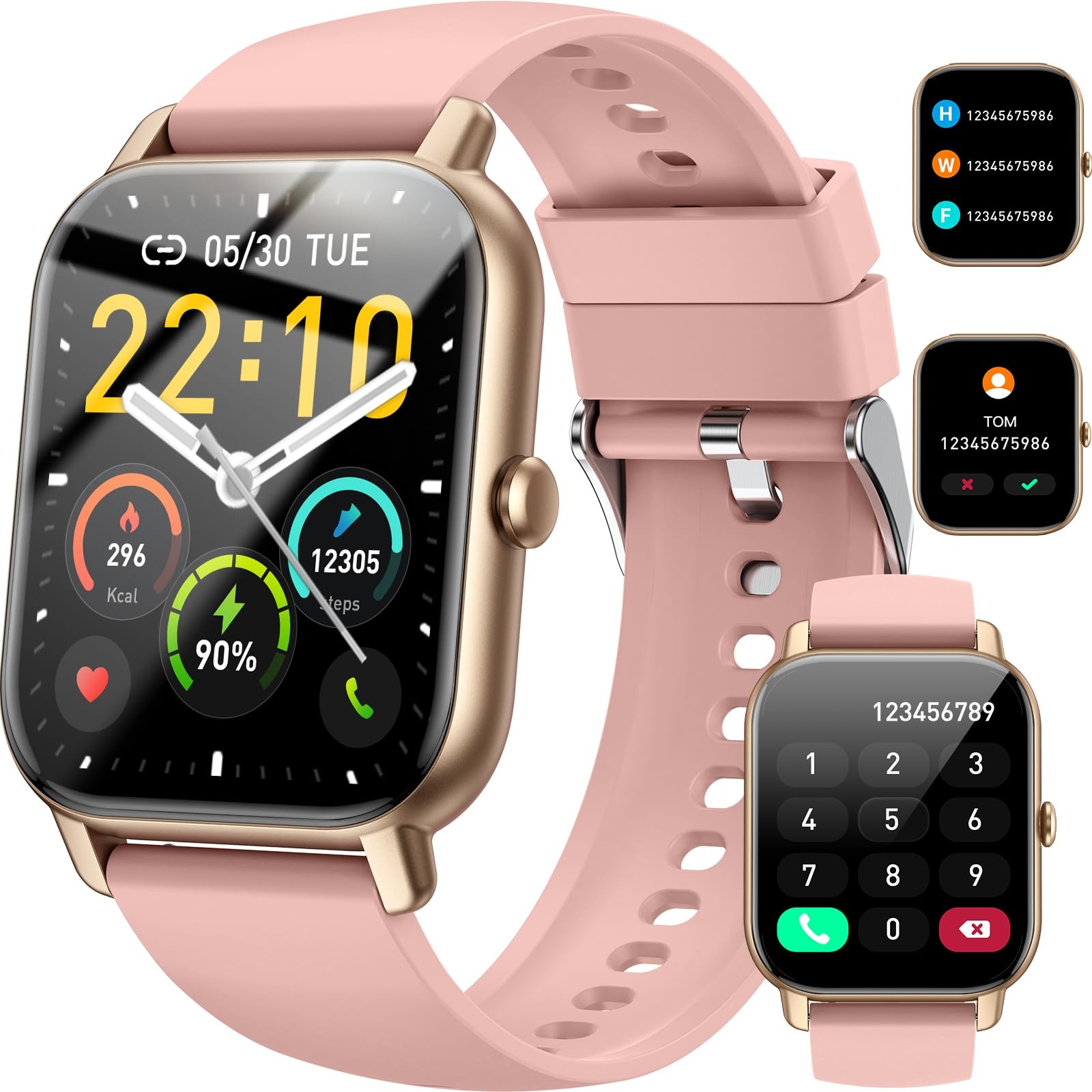 Smartwatch für Damen Herren, 1,85 Zoll Touchscreen mit Bluetooth Anrufe, IP68 Wasserdicht Fitnessuhr mit Herzfrequenzmonitor Schlafmonitor Schrittzähler, Sportuhr für iOS Android, Roségold