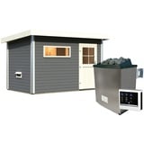 Woodfeeling Karibu Gartensauna Pultdach Saunahaus Skrollan 1 mit Vorraum terragrau Klassische Saunatür (Klarglas) 9 kW Ofen inkl. Steuergerät inkl. 8-teiligem gratis Zubehörpaket (Gesamtwert 191,92€)