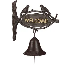 Relaxdays Türglocke Gusseisen WELCOME, Antik-Stil, goldene Buchstaben, Schild mit Vögeln, Haustür & Garten, dunkelbraun