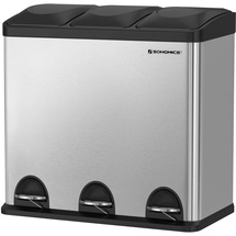Songmics Mülleimer für die Küche, Abfalleimer, Treteimer mit 3 Fächern, Inneneimern und 6 Aufklebern für Mülltrennung, Mülltrennsystem, Silbern-Schwarz, 60,4 x 30 x 56,3 cm (L x B x H)