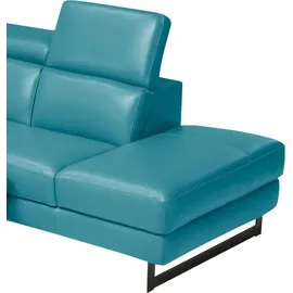 Egoitaliano Ecksofa "Candice, elegant, edel und bequem, erstklassiger Sitzkomfort, L-Form", blau (türkis), B:278cm H:100cm T:221cm, Leder »CAREZZA« (Rindsleder). Halbnarbiges Naturleder mit einer Dicke von 1, 2-1, 4 mm.