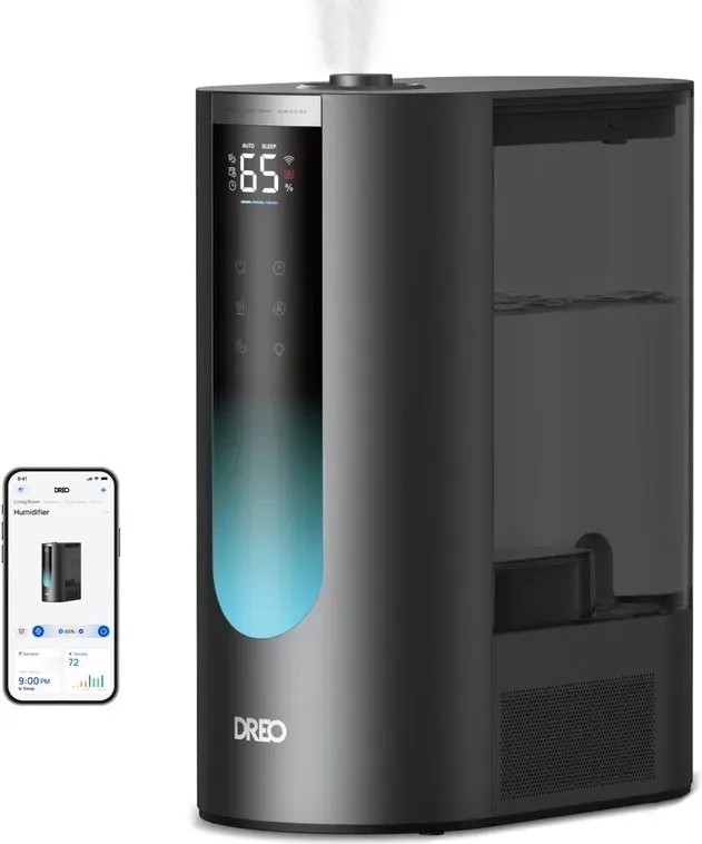 DREO smart Ultraschall-Luftbefeuchter – großer 6-Liter-Wassertank, schnelle Luftbefeuchtung (500 ml/h), wärmender & kühler Nebel, App-Steuerung, präzise 5 % Luftfeuchtigkeitssteuerung, duale Aroma-Pads, HHM013S.
