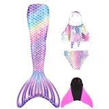 FOLOEO Meerjungfrauenflosse Mädchen Kinder Meerjungfrauenschwanz Zum Schwimmen mit Meerjungfrau Flosse und Bikini Set(4 Stück Set) - 150