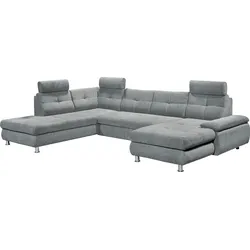 Wohnlandschaft ED EXCITING DESIGN "Alba U-Form", grau, B:349cm H:88cm T:233cm, 100% Polyester, Sofas, mit Bettfunktion, Bettkasten, Kopfstützen, Armteilverstellung