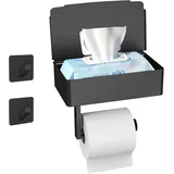 Wandmontierter Toilettenpapierhalter Ohne Bohren, Mit Ablage Und Feuchttuchspender, Schwarzer Edelstahl, Badezimmer