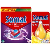 SOMAT Tabs 63 AW all in 1 Extra, Geschirrspül Tabs für strahlende Sauberkeit, bekämpft eingetrocknete Rückstände + Somat Duo Power Experten Deo Perls 60 AW Zitrone & Orange Duft 17g