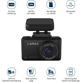 LAMAX T10 Dashcam mit GPS Blickwinkel horizontal max.=170 ° Datenanzeige im Video, G-Sensor, WDR, Schleifenaufzeichnung, Automatischer Start, GPS