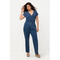 Ulla Popken Damen große Größen Übergrößen Plus Size Jeans-Jumpsuit, weites Bein, V-Ausschnitt, Halbarm Blue Denim 58+ 818677902-58+ - 50W / 32L