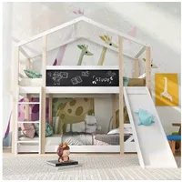 Loywe Etagenbett Kinderbett Hausbett 90x200cm Etagenbett für 2 Kinder, (set, 1-St., mit Rutsche und Leiter), Hochbett für Kinder– 2 x Lattenrost - Natur & Weiß
