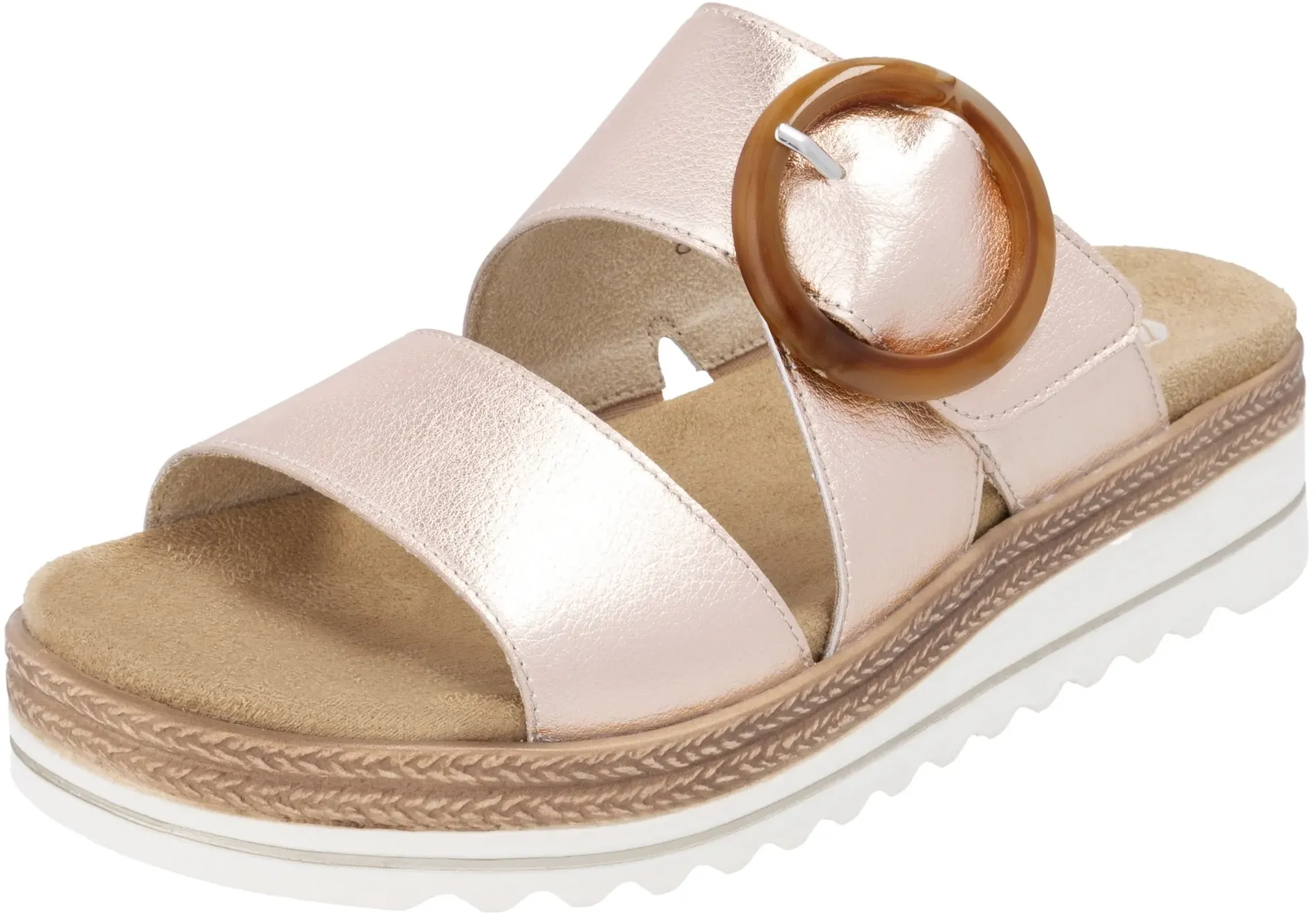 Pantolette REMONTE, Damen, Gr. 40, braun (kupferfarben), Leder, metallic, Schuhe Pantolette, Keilabsatz, Sommerschuh, Schlappen mit Zierschnalle, Topseller