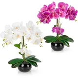 PASCH® 2er Set Orchideen künstlich in Hochglanz-Keramiktöpfen (40cm) | Kunstblumen im Topf | Kunstblumen wie echt | künstliche Orchideen im Topf | künstliche Blumen im Topf | Kunstblume Orchidee