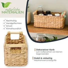 HMF Aufbewahrungskorb Badezimmer Korb geflochten aus Wasserhyazinthe mit Holzgriffen 30 x 15 x 13 cm beige