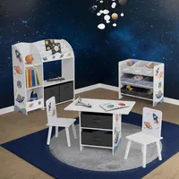 Joyz 5tlg Kindermöbel Set Weltraum-Motiv, Holzwerkstoff, Weiß, Kindersitzgruppe Tisch & 2 Stühlen, Kinderregal Spielzeugregal mit 9 Boxen, Bücherregal mit 8 Ablagefächern & 2 Boxen, Kinderzimmer Möbel