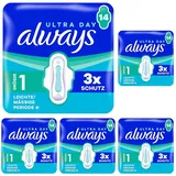 Always Ultra Damenbinden Leichte/Mässige Periode (Größe 1) mit Flügeln 14 Stück, Sehr Saugfähig, Ultradünn, Für Die Periode (Packung mit 5)