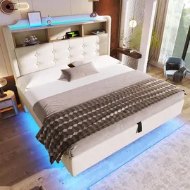 stilvora Polsterbett 140x200 cm mit LED-Lichtleiste und hydraulischem Stauraum, Doppelbett mit Staufächern und schwebendem Design, Jugendbett mit ... - Beige