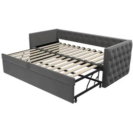 SOFTWEARY Schlafsofa mit Schlaffunktion, Lattenrost und Gästebett, Einzelbett/Doppelbett, Jugendbett, Samt (grau, 90x200 cm/180x200 cm)