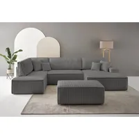 andas Wohnlandschaft FINNLEY U-Form XXL 329 cm, Schlafsofa, Schlaffunktion m. Bettkasten, (194/139 cm), Bouclé, Struktur und Cord grau