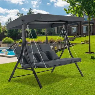 MCombo M MCombo Hollywoodschaukel mit Liegefunktion, Gartenschaukel 3 Sitzer Wetterfest, Outdoor Schaukelbank mit Metallketten, Verstellbarem Dach, 123 * 194 * 169 cm, 8018,