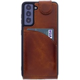 Burkley Leder Flip Case für Samsung Galaxy S21 Plus Handyhülle Handytasche mit 360° Schutz und Kartenfach (Sattelbraun)