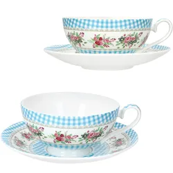 MamboCat Blüten Blau Teetasse 0,3L + Untertasse 2 Pers. Blumen