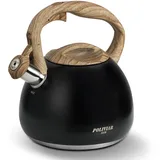 Poliviar Moderne Wasserkessel Induktion Pfeifkessel aus Edelstahl, Teekessel für alle Kochplatten, Flötenkessel mit Holzgriff, Wasserkocher für Tee Kaffee, ca 2.7L, Schwarz (JX2018-WB20-DE)