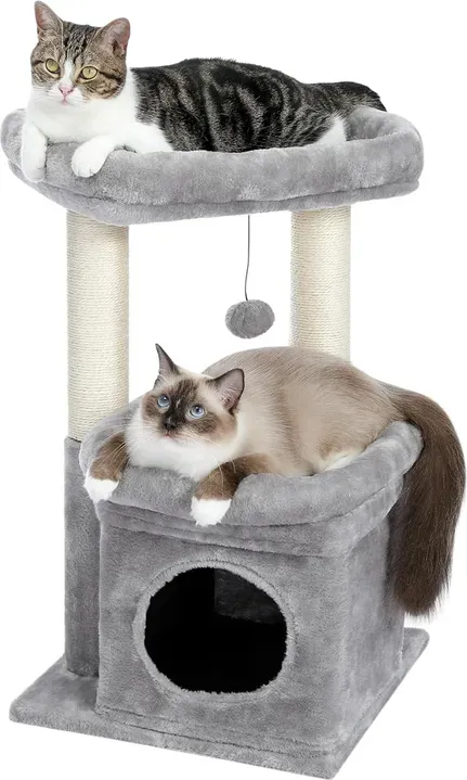 PAWZ Road kleiner Kratzbaum 42 cm, mehrstöckiger Katzenturm mit Sisal-Kratzstamm, gemütlicher Höhle und großer oberer Liegefläche für Wohnungskatzen, Grau