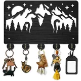 MAYJOYDIY Holz Garderobenständer Mit Katzen Berg Und Mondmotiv 30x20cm Tier Sternenhimmel Schlüsselhaken Für Die Wand Schwarzer Schlüsselhalter Mit 5 Haken Aus Legierung Für Geschenk Küche