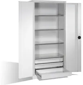 C+P Schwerlastschrank mit Drehtüren, 4 Böden und 3 Schübe, H1950xB930xT500mm Front Lichtgrau Korpus Lichtgrau