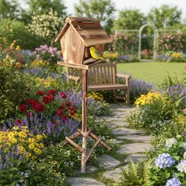 Relaxdays Vogelfutterhaus mit Ständer, Tannenholz, Garten, Balkon & Terrasse, Vogelhaus HBT: 107 x 32 x 27 cm, geflammt